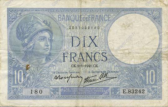 10 Francs MINERVE modifié FRANCE  1941 F.07.27 TB