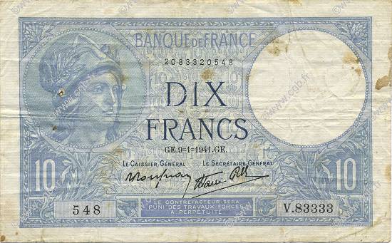 10 Francs MINERVE modifié FRANCE  1941 F.07.27 F