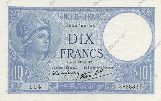 10 Francs MINERVE modifié FRANCE  1941 F.07.27 AU