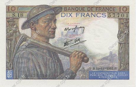 10 Francs MINEUR FRANCIA  1942 F.08.05 SPL a AU