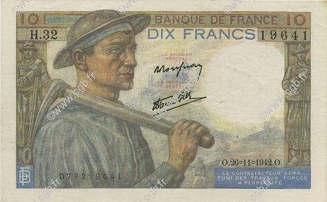 10 Francs MINEUR FRANKREICH  1942 F.08.06 VZ