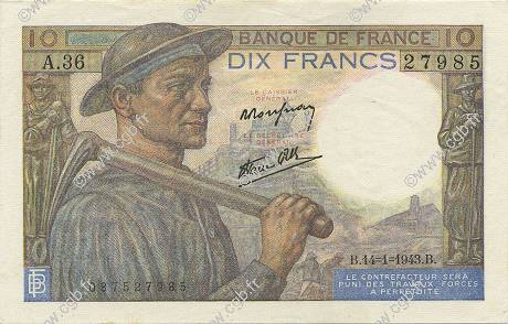 10 Francs MINEUR FRANKREICH  1943 F.08.07 fST