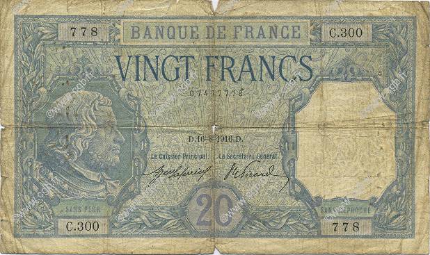 20 Francs BAYARD FRANKREICH  1916 F.11.01 SGE