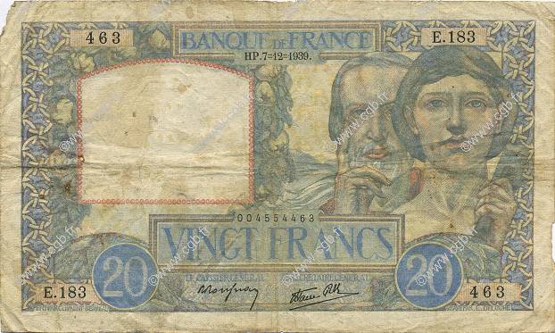 20 Francs TRAVAIL ET SCIENCE FRANCE  1939 F.12.01 VG