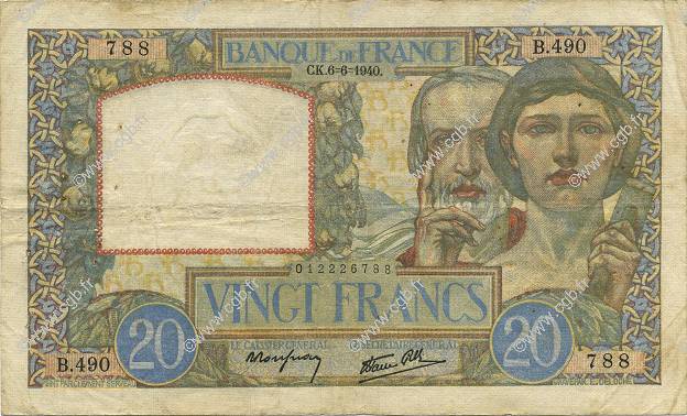 20 Francs TRAVAIL ET SCIENCE FRANCE  1940 F.12.03 VF-