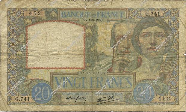 20 Francs TRAVAIL ET SCIENCE FRANCIA  1940 F.12.05 RC