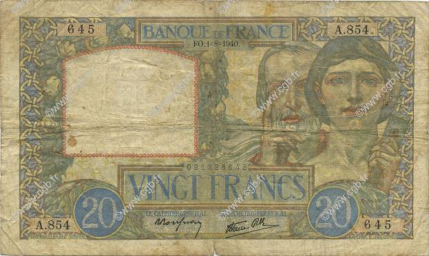 20 Francs TRAVAIL ET SCIENCE FRANCE  1940 F.12.05 VG