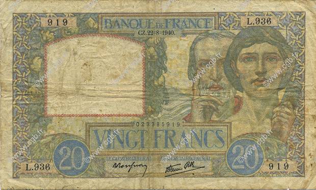 20 Francs TRAVAIL ET SCIENCE FRANCIA  1940 F.12.06 q.MB