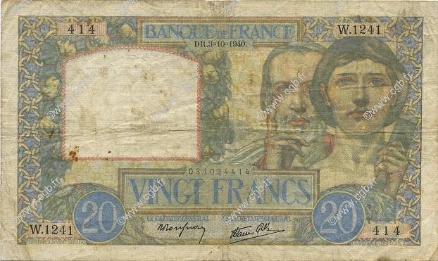 20 Francs TRAVAIL ET SCIENCE FRANCE  1940 F.12.08 F-