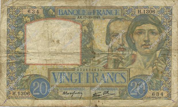 20 Francs TRAVAIL ET SCIENCE FRANCE  1940 F.12.09 F-