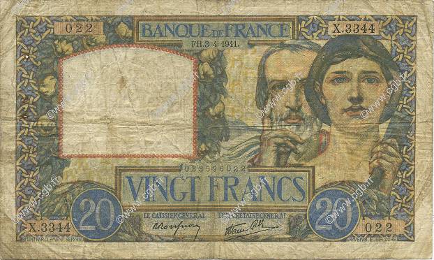 20 Francs TRAVAIL ET SCIENCE FRANCIA  1941 F.12.13 BC