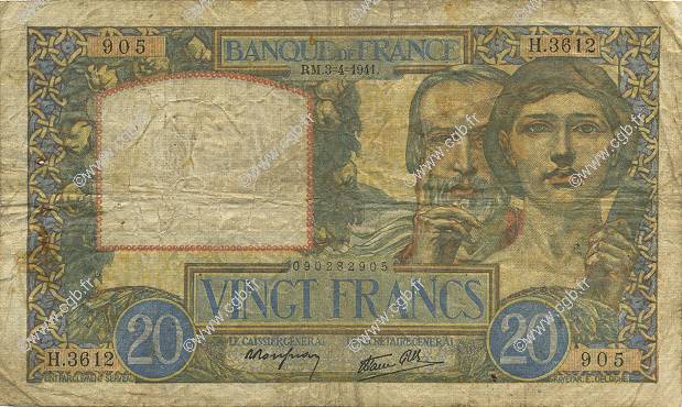 20 Francs TRAVAIL ET SCIENCE FRANCIA  1941 F.12.13 q.MB