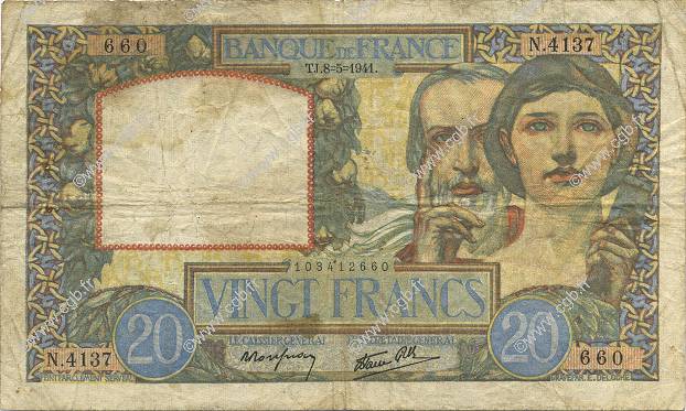 20 Francs TRAVAIL ET SCIENCE FRANCIA  1941 F.12.14 BC