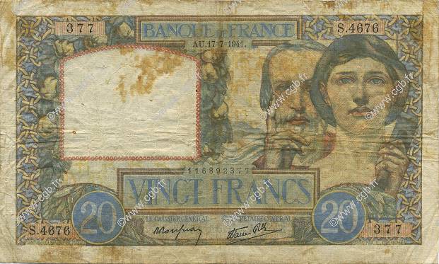 20 Francs TRAVAIL ET SCIENCE FRANCE  1941 F.12.16 F-