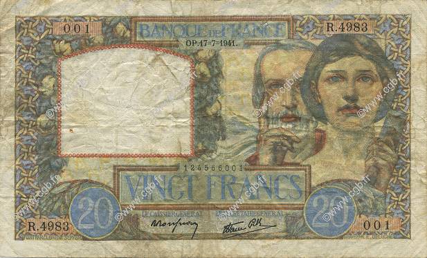 20 Francs TRAVAIL ET SCIENCE FRANCE  1941 F.12.16 VG