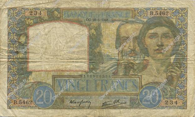 20 Francs TRAVAIL ET SCIENCE FRANKREICH  1941 F.12.17 S