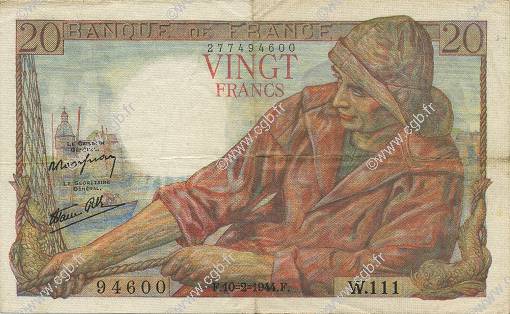 20 Francs PÊCHEUR FRANKREICH  1944 F.13.08 fVZ