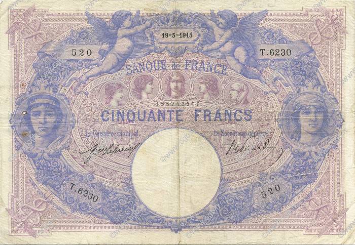 50 Francs BLEU ET ROSE FRANKREICH  1915 F.14.28 fSS