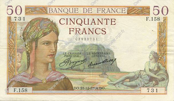 50 Francs CÉRÈS FRANKREICH  1934 F.17.02 fVZ