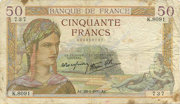 50 Francs CÉRÈS modifié FRANCE  1938 F.18.12 TB+