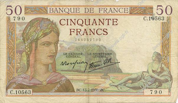 50 Francs CÉRÈS modifié FRANKREICH  1939 F.18.28 S
