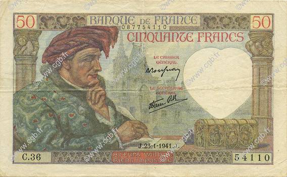 50 Francs JACQUES CŒUR FRANCE  1941 F.19.05 VF+