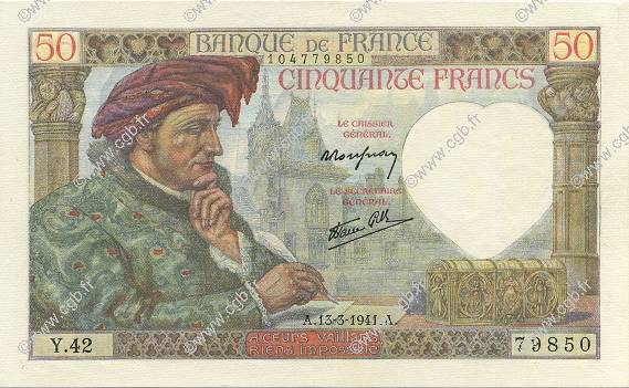 50 Francs JACQUES CŒUR FRANKREICH  1941 F.19.07 ST