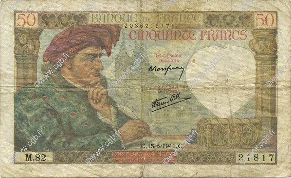 50 Francs JACQUES CŒUR FRANKREICH  1941 F.19.11 S