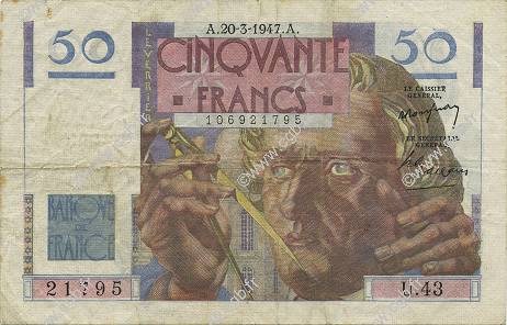 50 Francs LE VERRIER FRANCE  1947 F.20.07 VF-