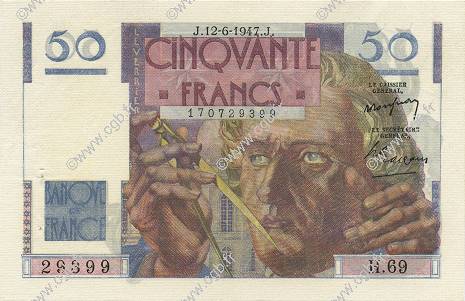 50 Francs LE VERRIER FRANCIA  1947 F.20.08 SPL a AU