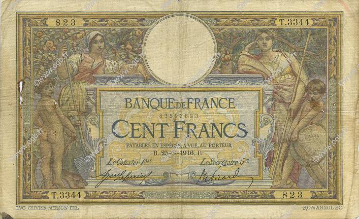 100 Francs LUC OLIVIER MERSON sans LOM FRANCIA  1916 F.23.08 B