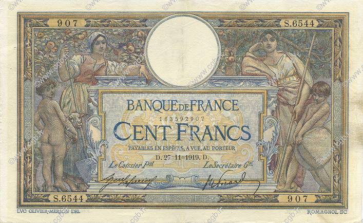 100 Francs LUC OLIVIER MERSON sans LOM FRANKREICH  1919 F.23.11 SS