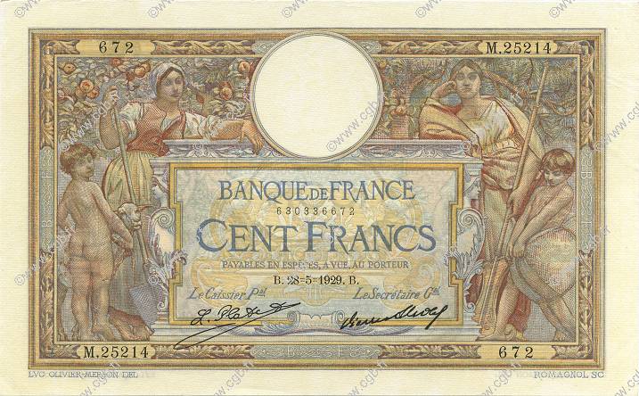 100 Francs LUC OLIVIER MERSON grands cartouches FRANCIA  1929 F.24.08 EBC+ a SC