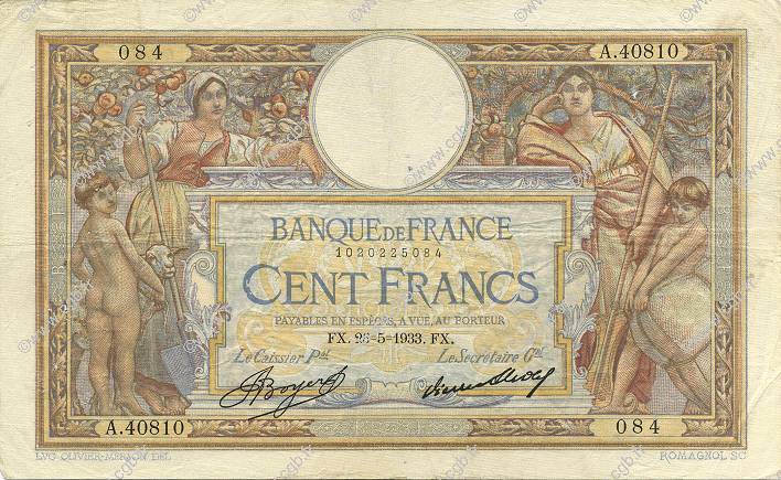 100 Francs LUC OLIVIER MERSON grands cartouches FRANCIA  1933 F.24.12 BC+