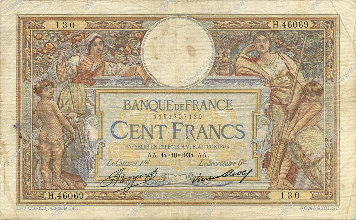 100 Francs LUC OLIVIER MERSON grands cartouches FRANCIA  1934 F.24.13 BC+