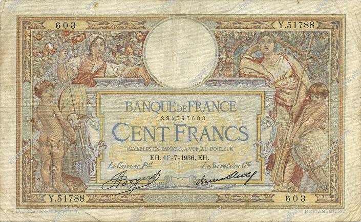 100 Francs LUC OLIVIER MERSON grands cartouches FRANCIA  1936 F.24.15 BC