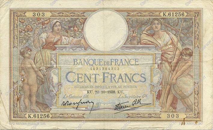 100 Francs LUC OLIVIER MERSON type modifié FRANKREICH  1938 F.25.32 S