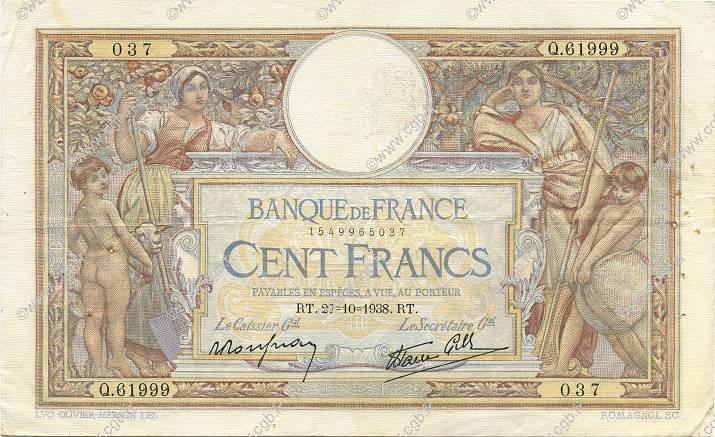 100 Francs LUC OLIVIER MERSON type modifié FRANCIA  1938 F.25.33 BB