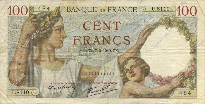 100 Francs SULLY FRANCE  1940 F.26.24 VF
