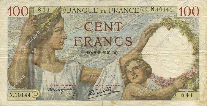 100 Francs SULLY FRANCE  1940 F.26.28 VF