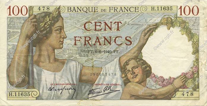 100 Francs SULLY FRANKREICH  1940 F.26.31 fVZ