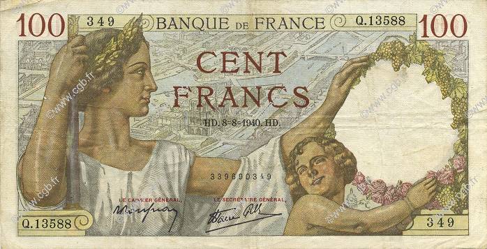 100 Francs SULLY FRANKREICH  1940 F.26.35 SS
