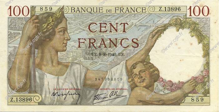 100 Francs SULLY FRANKREICH  1940 F.26.35 fVZ