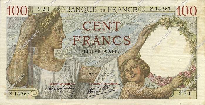 100 Francs SULLY FRANCE  1940 F.26.36 VF