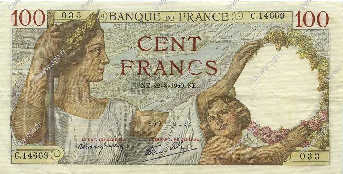 100 Francs SULLY FRANCIA  1940 F.26.37 q.SPL