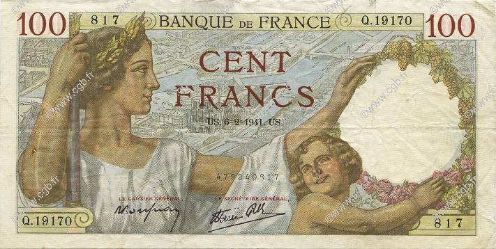 100 Francs SULLY FRANCE  1941 F.26.46 VF