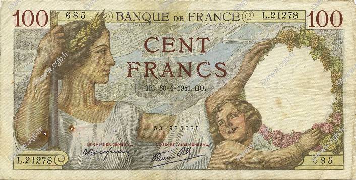 100 Francs SULLY FRANCE  1941 F.26.51 VF