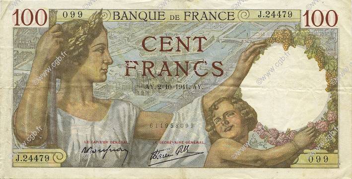 100 Francs SULLY FRANCE  1941 F.26.58 VF