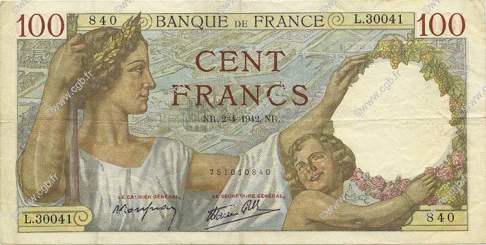 100 Francs SULLY FRANKREICH  1942 F.26.69 SS