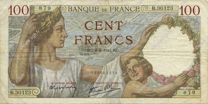 100 Francs SULLY FRANKREICH  1942 F.26.69 fSS